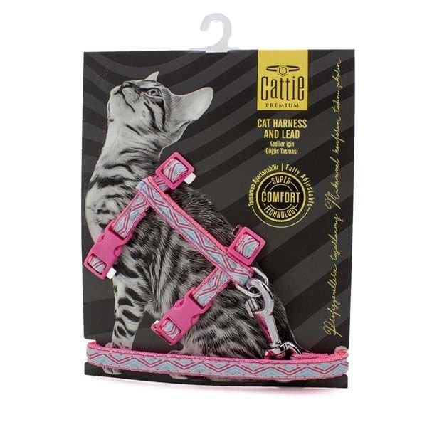 Cattie Desenli Kedi Göğüs ve Gezdirme Tasma Aparatı Pembe 1x25-40 Cm